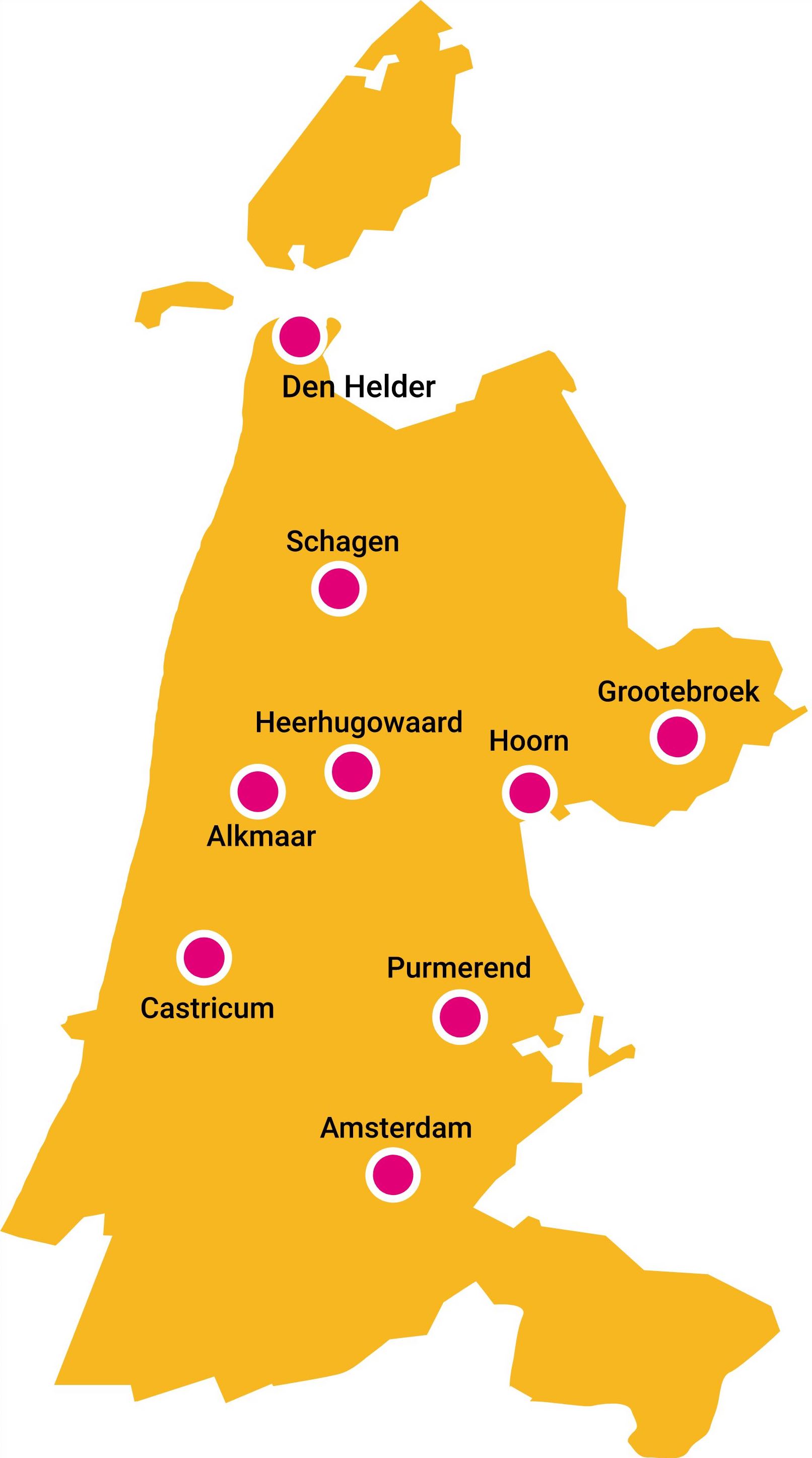 De verschillende Vonk locaties op een Noord-Holland kaart.